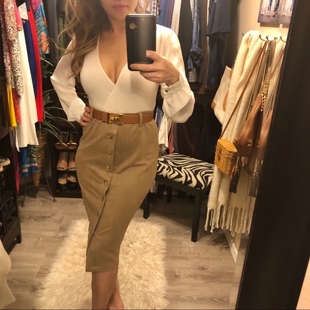 SOLD Tan / camel colored suede like midi skirt